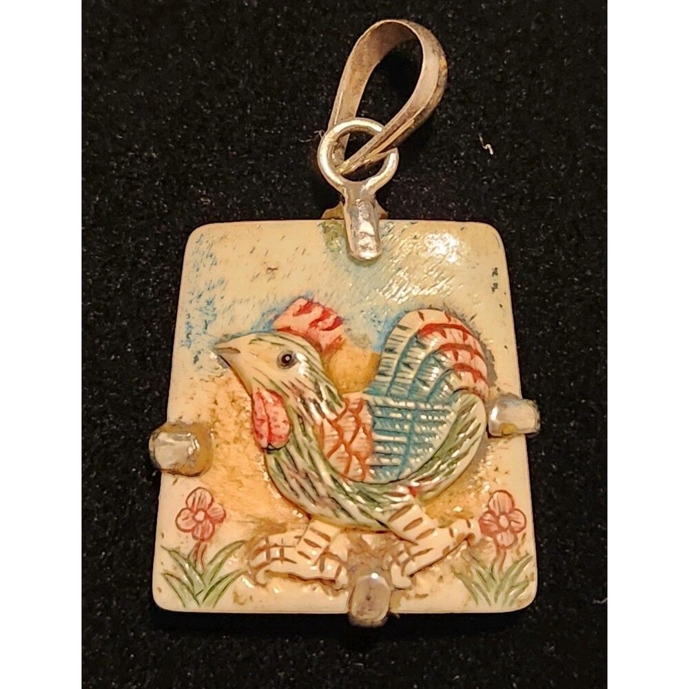 Vintage Sterling Silver Chinese Zodiac Rooster Pendant Hand Carved Painted Charm